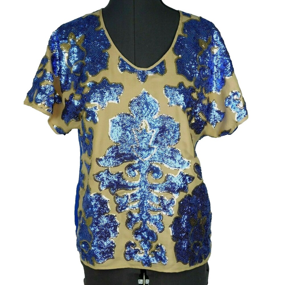 Tracy Reese Neiman Marcus Top Sequin XS Tan Blue Short Sleeve Party Y2K Retro